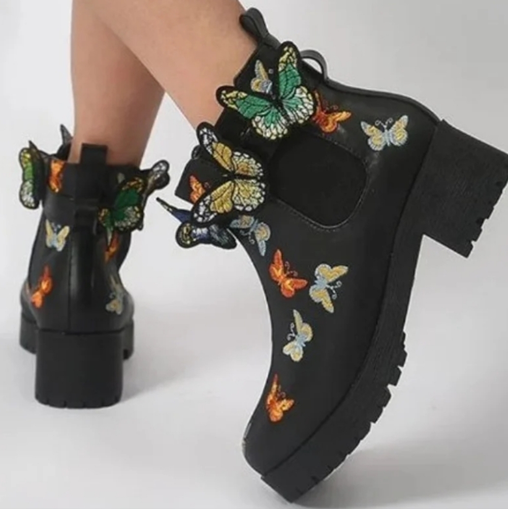 FSJ Butterfly Embroidered 3-D Chelsea SlipOn Chunky Ankle Booties